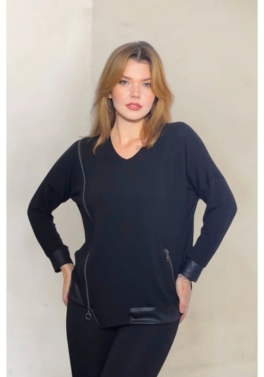 Yandan Fermuarlı Suni Deri Detaylı Bluz Siyah