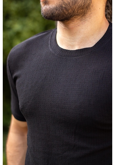 Erkek Siyah Krep Kumaş Rahat Salaş Esnek Bisiklet Yaka T-shirt 23etshtarp 001