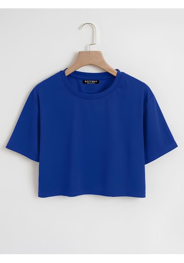 Kadın Oversize Bisiklet Yaka Düz Crop T-shirt - Saks Mavisi