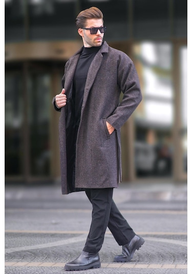 Madmext Kahverengi Kruvaze Yaka Desenli Kaşe Kaban 7250-kahverengi Kahverengi