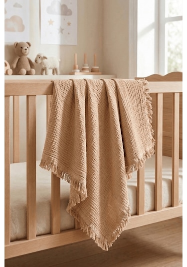 Müslin Püsküllü 4 Katlı Müslin Battaniye 90x120 Cm - Ze4katlı Bej