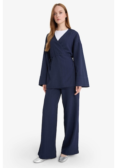 Defacto Relax Fit 2li Takım Gofre Dokulu Uzun Kollu Kimono Pantolon F4095ax25smnv31 Lacivert