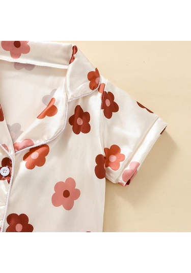 Çocuk Kız Yaz Giysileri Kıyafetler Çiçek Baskı Turn-aşağı Yaka Kısa Kollu Üstler Ve Elastik Bel Şort 2 Adet Takım Elbise Kayısı