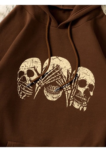 Unisex Kahverengi Kafatası Baskılı Oversize Kapşonlu Sweatshirt 001