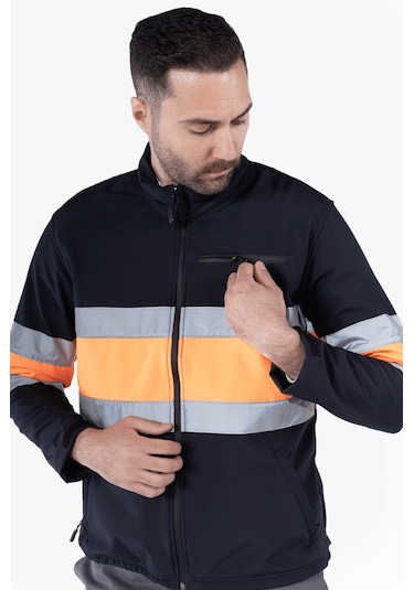 Çift Sıra Reflektörlü Neon Softshell Mont Lacivert - Turuncu