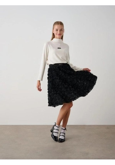 Kız Çocuk Beli Lastikli Gül Desenli Etek-14787 Siyah