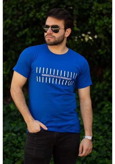 Erkek Mavi Çizgi Baskılı Normal Kesim Bisiklet Yaka Erkek Tişört 22etshmros 001