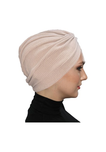 Çapraz Fitilli Penye Bej Hazır Türban Tesettür Havuz Bonesi Bej