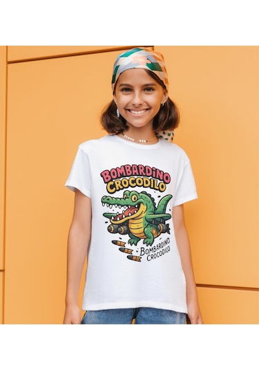 Bombardino Crocodilo Tişört Bombarıddıno Crocodil Çocuk T-shirt Tung Yetişkin Unisex Tişört Beyaz