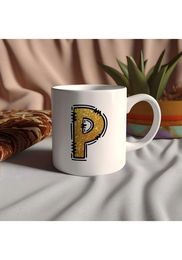 P Harfi Gold Simli Kupa Işıltılı Alfabe Harf Tasarımlı Kahve Kupası - Kişiye Özel Hediye Beyaz