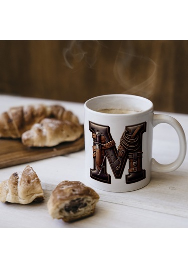 M Harfi Kovboy Temalı Bardak 330 Ml İsim / Harf Kişiye Özel Hediye - Vahşi Batı Konsept Beyaz