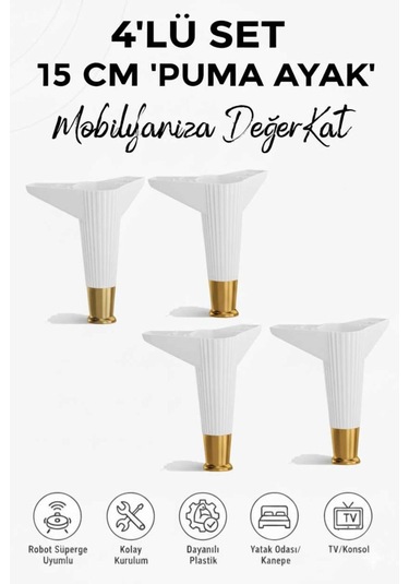 Puma 15 Cm Beyaz-altın 4 Adet Mobilya Kanepe Tv Ünitesi Kosol Dolap Komidin Ayağı Beyaz