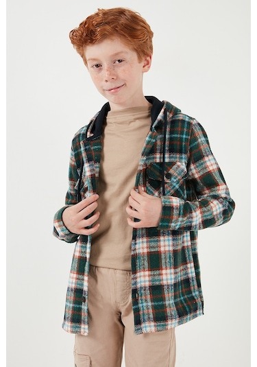 Lela Kapüşonlu Çift Cepli Ekoseli Kışlık Oduncu Erkek Çocuk Gömlek Cf24W81778 Kiremit-Yeşil