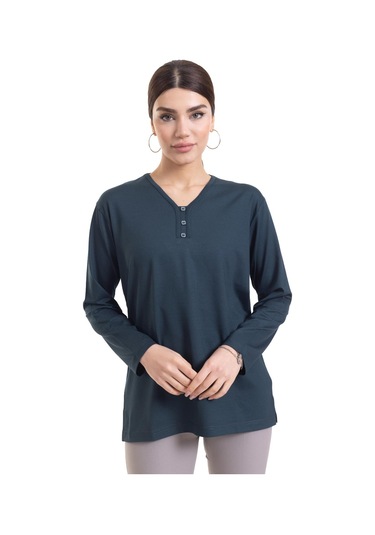 Kadın Orta Yaş ve Üzeri Dört Mevsim V Yaka Rahat Kalıp Likralı Viskoz Anne Penye Bluz 140-Koyu Yeşil