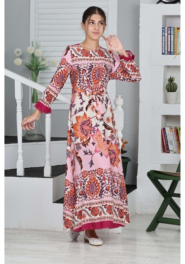 Kız Çocuk Viskon Kumaş Desenli Uzun Elbise Fuşya