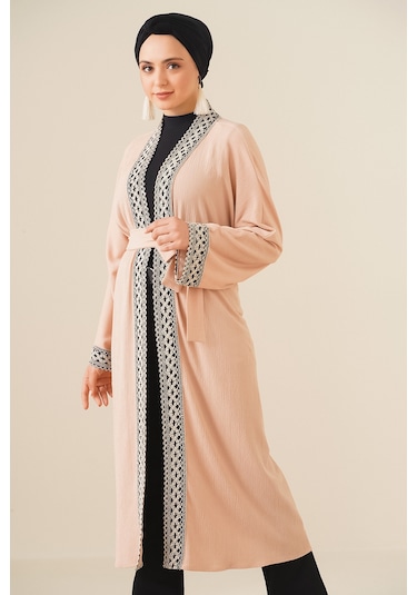 Bigdart 5865 Nakışlı Örme Uzun Kimono - Bisküvi