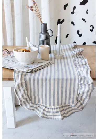 Gri Çizgili 40x125 Cm Vintage Fırfırlı %100 Keten Pamuklu Amerikan Runner Bej