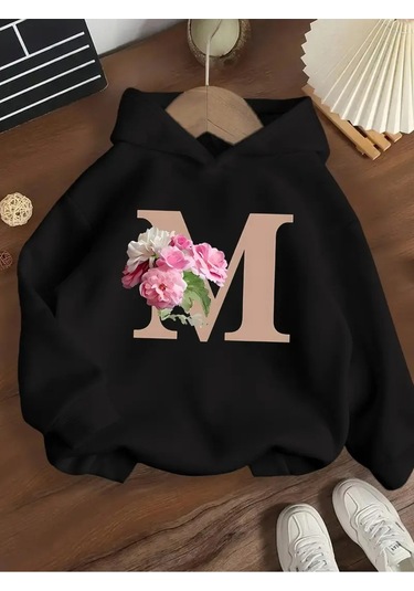 Kışlık Kapüşonlu Sweatshirt, Çocuk Çiçekler M Harfli Baskılı SiYAH