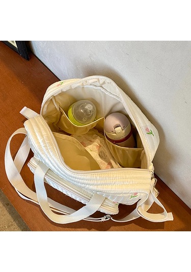 Sevimli Ayı Çiçek Nakış Desen Bebek Bej Pamuklu Kumaş Fermuar Beyaz