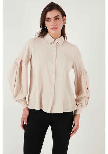 Lela Regular Fit Dikiş Detaylı Düz Yaka Balon Kol Bayan Gömlek 611Go00003 Taş