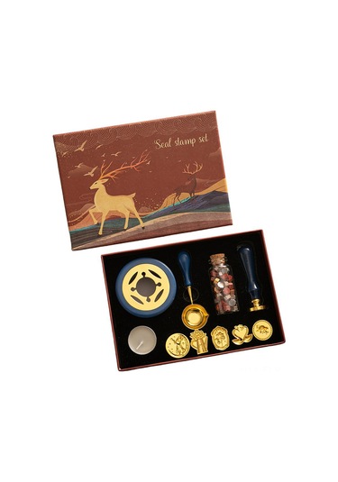 Xindoker 6'li Antik Mühür Seti - Geyik Desenli Mum Mühür Kiti Sap + 6 Başlık + Mum Eritme Kabı + Kaşık + Mum