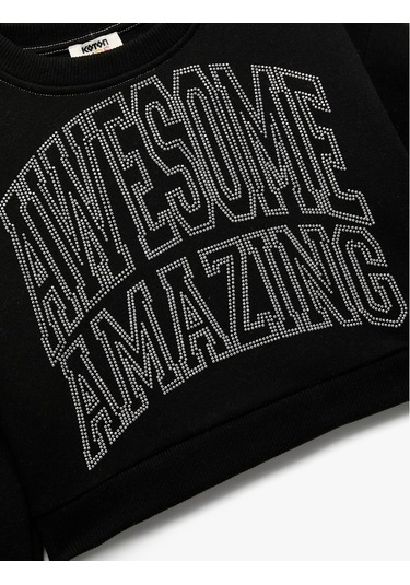 Koton Şardonlu Uzun Kollu Bisiklet Yaka Taş Detaylı Sweatshirt Siyah 6wkg10208ak Siyah