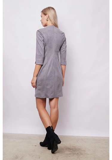 Kadın Kadife Likralı Yumuşak Dokulu Kruvaze Kapri Truvakar Kol Kolu Yırtmaçlı Ofis Ceket Elbise-gri Gri