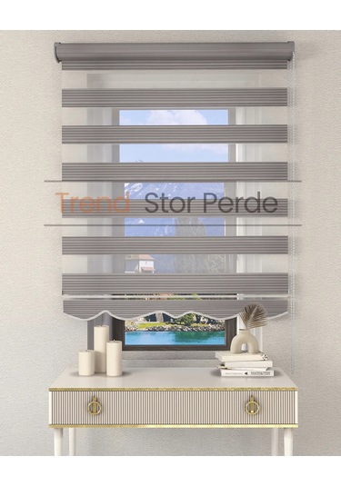 Geniş Plise Gri Etek Dilimli Zebra Stor Güneşlik Perde Kırık Gri