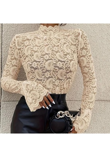 Kadın Üst Giyim Dik Yaka Alevli Uzun Kollu Dar Kesim Gömlek Düz Renk Şeffaf Oyuk Nakış Dantel Çiçek Desenli Üstler Beyaz
