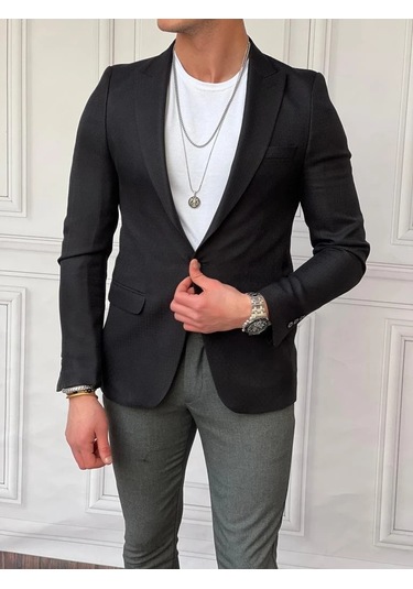 Modefendi Petek Örme Pamuk Likra Slimfit Kalıp Tek Ceket Siyah