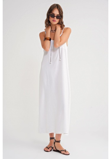 4742 Kadın İp Askılı Büzgü Detaylı Midi Elbise Beyaz Beyaz