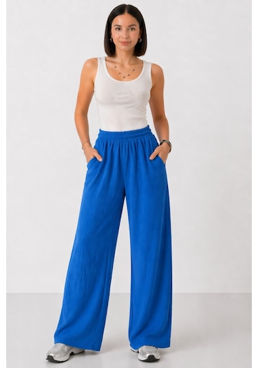 Trend Alisse Beli Lastikli Cepli Bol Paça Kadın Pantolon İndigo