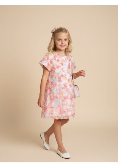 Zekids Kız Çocuk Çiçek İşlemeli Tasarım Elbise-17236 Renkli