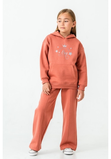 Kız Çocuk You Are The One Baskılı 3 İplik Kalın Kışlık Eşofman Takımı Ak4204 Kiremit