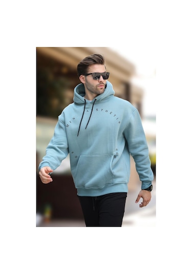 Madmext Mavi Kapüşonlu Cep Detaylı Nakışlı Erkek Sweatshirt 7054-mavi Mavi