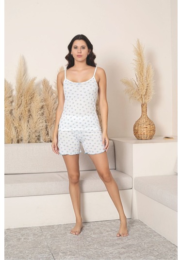 Kadın Tıny Blue Color Flower Pattern İp Askılı Şort Takım Beyaz