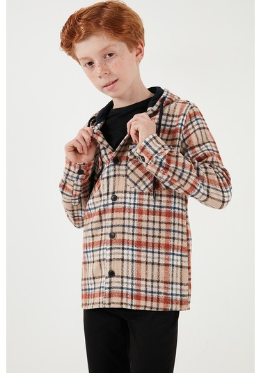 Lela Kapüşonlu Çift Cepli Ekoseli Kışlık Oduncu Erkek Çocuk Gömlek Cf24W81778 Bej-Taba