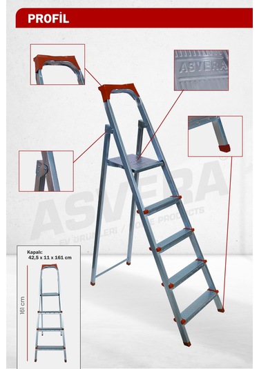 Asvera 4+1 5 Basamaklı Ev Tipi Katlanabilir Profil Merdiven - Sağlam Çelik Boya Merdiveni
