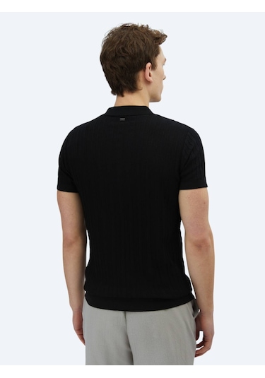 Kip Siyah Polo Yaka Desenli Triko Siyah