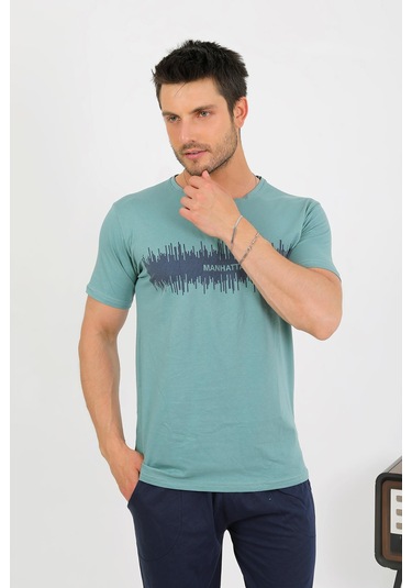 Akbeniz Erkek Pamuk Kısa Kol Pijama Takım Suyeşili 6875 Su Yeşili