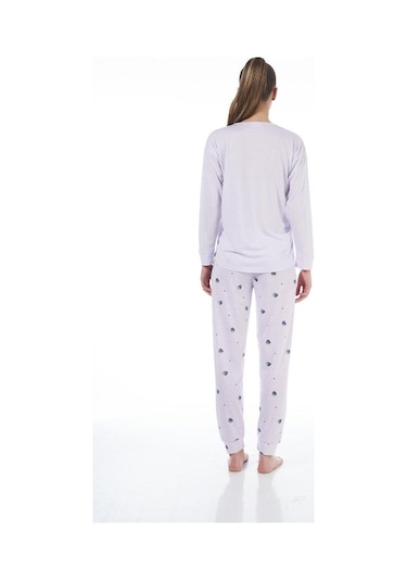 Estiva Desenli Uzun Kol Viskon Bayan Pijama Takım Lila