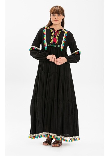 Uzun Kol Şile Bezi Iffet Uzun Elbise Siyah