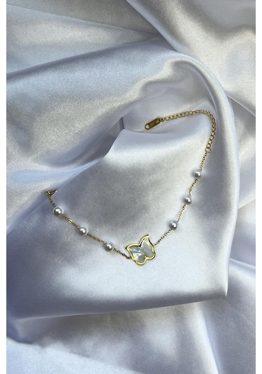 Altın Renk Kaplama İnci Taşlı Sedefli Kelebek Detaylı Kadın Çelik Bileklik - Altın