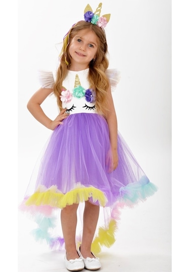 Unicorn Leylak Kuyruk Detaylı Gökkuşağı Taçlı Kız Çocuk Parti Elb