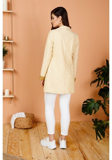 Çizgili Sol Yaka Broslu Spor Ceket Sarı