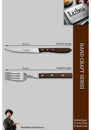 Lazbisa Mtf-063 Hand Caft Serisi Steak Et Yemek Kahvaltı Çatalı 4 Lü Set Mutfak Bıçak Seti Ahşap