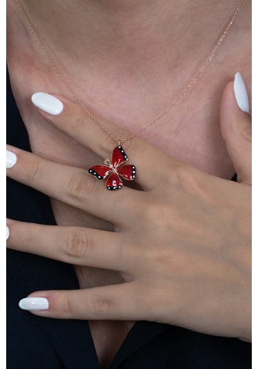 Gümüş Kırmızı Mineli Kelebek Kolye Wsn269