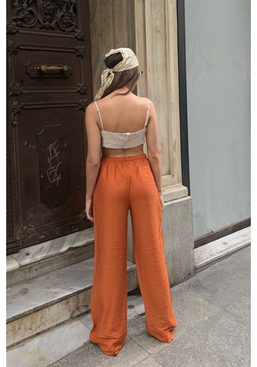 Pembe Keten Karışımlı Bol Kesim Pantolon Kiremit