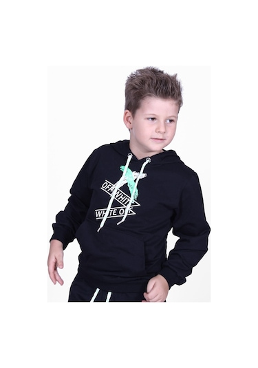 X Baskılı Kanguru Cepli Kapüşonlu Erkek Çocuk Siyah Sweatshirt Siyah