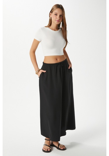 Kadın Seaside Siyah Astarlı Bel Lastikli Cepli Dokuma Uzun Etek Siyah